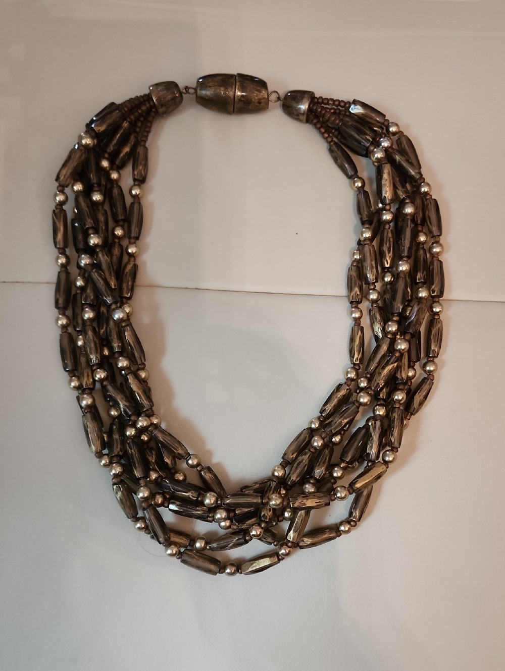 Multi-Strand Bugle Bead Necklace - Metallic Brown Gold Peweter